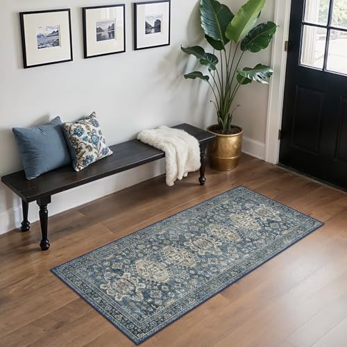 Bavni Washable Runner Rug 2x5, Non Slip Vintage Hallway Runner, Ultra Thin Low Pile Washable Carpet for Kitchen Entryway Bedroom, Blue - color: Blue, size: 2' x 5' (Rectangular)