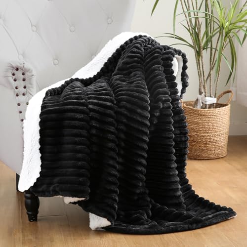 Black Sherpa Fleece Throw Blanket 50”×60” for Couch Sofa Bed, Double Side Soft Fuzzy Cozy Plush Thick Flannel Blanket with Striped Design Gift for Adults,Woman,Girls - color: Black, size: 50×60inch
