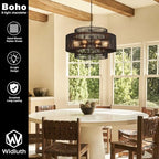 30" Large Black Rattan Chandelier, 8-Light Hand-Woven 3-Tier Drum Wicker Boho Farmhouse Light Fixture, Retro Pendant for Dining Room Kitchen Island Bedroom Living Room Foyer - color: Black 30"