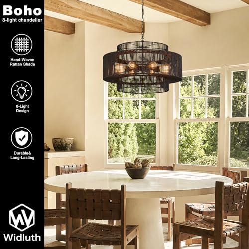 30" Large Black Rattan Chandelier, 8-Light Hand-Woven 3-Tier Drum Wicker Boho Farmhouse Light Fixture, Retro Pendant for Dining Room Kitchen Island Bedroom Living Room Foyer - color: Black 30"