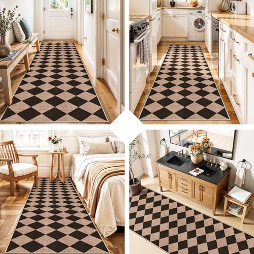 2x8 Checkered Runner Rug for Hallway: Washable Faux Jute Runners Indoor Farmhouse Style - Carpet Non-Slip Backing - Non Slip Narrow Floor Runners for Entryway Kitchen Living Room (Black/Brown,2x8) - color: Black/Brown, size: 2' x 8' (Rectangular)