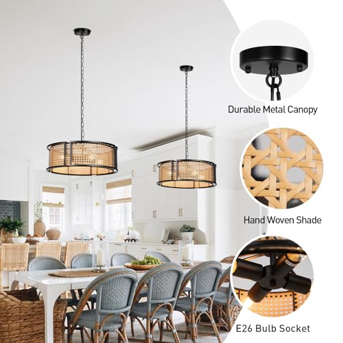 17.7" Farmhouse Rattan Chandelier, 4-Light Large Bohemian Pendant Hanging Light Fixture, Hand Woven Boho Chandelier for Dining Room, Living Room, Kitchen Island, Bedroom, Hallway, Foyer