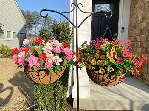HyeFlora Artificial Faux Hanging Plants Flowers Basket for Spring Summer Outdoor Outside Decoration, Fake Silk Colorful Daisy Eucalyptus in Planter UV Resistant Realistic for Porch Patio Balcony Yard - color: Purple Pink