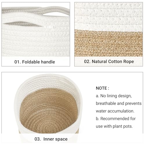 Dahey Jute Spliced Cotton Rope Plant Basket Modern Woven Storage Basket for 12" Floor Indoor Planter, Decorative Flower Pots Cover Laundry Bin with Handle Rustic Home Decor, White and Beige - color: White and Beige, size: 12"W × 12"H