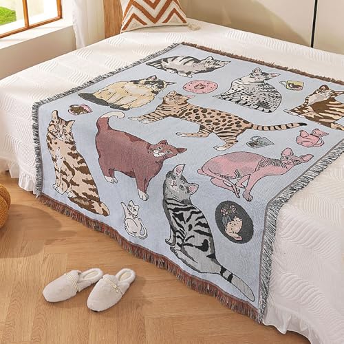 Cat Throw Blanket Boho for ChairSofa - 50"x60" Cotton Blankets Retro Bohemian Tapestry Reversible Hippie Sheets Room Decor (Cats) - color: Cats