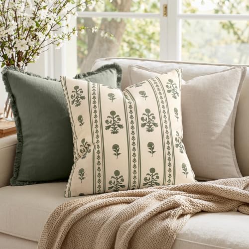 Decorative Vintage Striped Floral Throw Pillow Covers 20x20 Inch Set of 2 Dusty Green Farmhouse Boho Botanical Print Cushion Covers for Sofa Couch Chair Bedroom Living Room Summer Home Decor - color: Dusty Green, size: 20" x 20" (Pack of 2)
