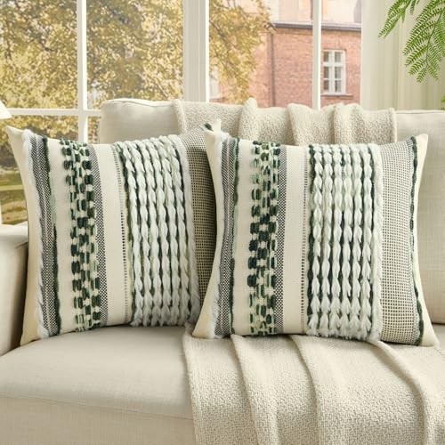FUTEI Pack of 2 Boho Chenille Decorative Throw Pillow Covers 20x20 Inch Soft Plush Tufted Striped Textured Cushion Case,Farmhouse Accent for Couch Bed Living Room, Green - color: Green, size: 20" x 20" (Pack of 2)