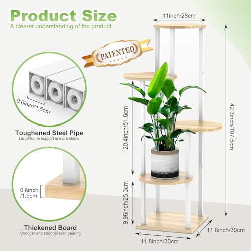 5 Tier Wood Tall Plant Stand Metal Rack Indoor, Multiple Flower Pot Holder Shelves Corner Rack, Round Planter Shelf Display Rack Storage Organizer for Patio Living Room Balcony(White+Oak) - color: White+Oak, size: 5 Tier