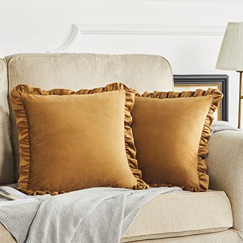 GIGIZAZA Pack of 2 Dark Gold Throw Pillow Covers 18x18 Decorative Ruffle Velvet Cushion Cover for Couch Pillowcase - color: Dark Gold, size: 18" x 18" (Pack of 2)