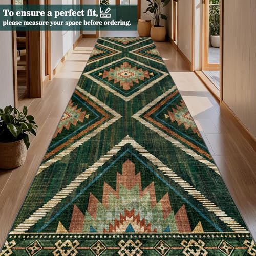 3x12Ft Boho Runner Rugs for Hallway Non Slip, Long Wide Green Geometric Washable Kitchen Rug Runner, Soft Moroccan Entryway Floor Carpets for Entrance Doorway Office Decor - color: Green, size: 3' x 12' (Rectangular)