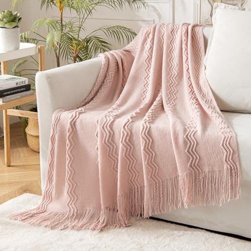MIULEE Light Pink Knitted Throw Blanket for Couch Bed, Boho Textured Cozy Woven Decorative Farmhouse Blanket with Tassels for Sofa Chair Living Room 50"x60" - color: Pink, size: 50" x 60"