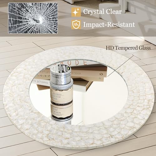 Round Coastal Mirror with Capiz Shell Frame, 36'' Large Circle Bathroom Mirrors, Decorative Wall Mirror for Living Room Dining Room Mantel Entryway - color: Cream-white, size: 36"L x 36"W