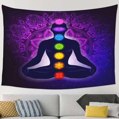 RTAFGU Chakra Meditation Tapestry, Purple Mandala Chakra Meditation, Yoga Spiritual Healing Art Tapestries Home Aesthetic Wall Hanging for Bedroom Living Room, Dorm Party Decoration 91" L x 71" W - color: Chakra Meditation_1504, size: 91"L x 71"W
