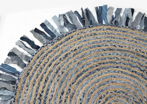 GRUHUM Jute Area Rug 6ft Round Natural Fiber Cotton Denim Blue Fringe Handmade Boho Soft Braided Rutic Vintage Eco Friendly Rug- Indoor Outdoor Kitchen Bedroom Living Hallways Enterways (6'ft Circle) - color: Denim Blue & Natural - 32, size: 6' (Round)