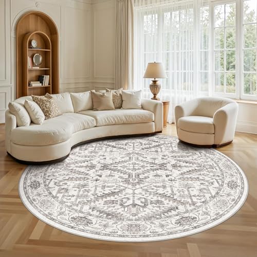 8x8 Round Area Rugs for Living Room-Washable Soft Large Vintage Rug Non-Slip Stain Resistant Traditional Stain Resistant Indoor Floor Low Pile Carpet for Bedroom Dining Room or Home Office- White - color: White, size: 8' x 8'
