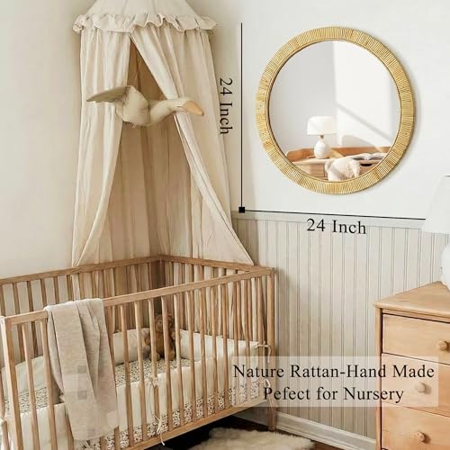 Decorative Rattan Wall Mirror, Boho Bathroom Modern Makeup Mirror, Rustic Wall Bohemia Mirrors for Bedroom, Living Room, Vanity Versatile Farmhouse, Nursery, Bathroom, 24"x24", Round - color: Round, size: 24"L x 24"W