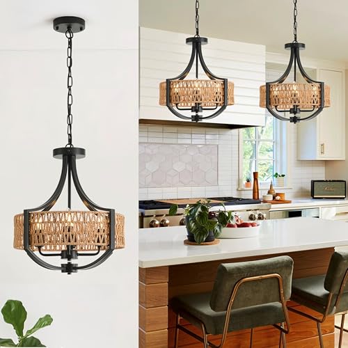 Rattan Modern Farmhouse Chandelier Small, 16.5" 4 Lights Boho Pendant Light with Hand Woven Wicker Shade, 4-Light Rustic Interior Ceiling Light Fixture for Foyer Hallway Entryway Kitchen Island - color: V-Weave Round Rattan, size: Small 4 light 16.5 inche