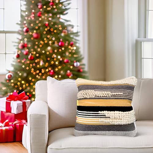 Decorative Boho-Chic Textured Throw Pillow Cover 20x20 Handwoven Pillows for Couch Wool/Cotton Moroccan Pillow for Home Decor | Made in India (Black/Gray) - color: Black Yellow Grey