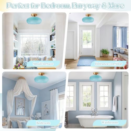 Blue Close to Ceiling Light Fixture Vintage Flush Mount Ceiling Lights 11" Round Thickened Glass Shade Gold Mid Century Semi Flush Mount Light Hallway Entrance Lighting Fixtures - color: Flush-Blue