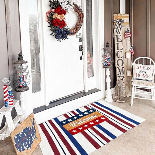 Blue/White/Red Striped Rug 4th of July Door Mat 27.5'' x 43'' Summer Front Porch Rug Independence Day Welcome Doormats for Farmhouse Entrance Porch Outdoors Decor (Blue/red/White, 27.5'' x 43'') - color: Blue/Red/White, size: 2'4" x 3'7" (Rectangular)