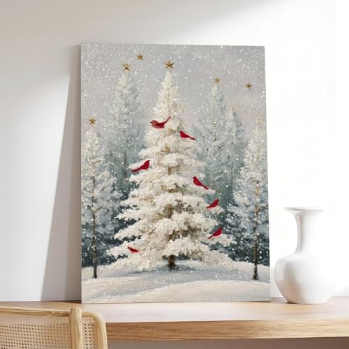 JDBeehpy Snowy Christmas Tree Wall Art Red Birds Frameless Canvas Print Poster Peaceful Winter Home Decor Painting Livingroom Fireplace Mural 12x18inch(30x45cm) - color: Christmas Tree Unframe, size: 18L" x 12W"