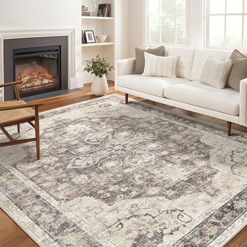 Area Rug for Living Room - 7X9 Soft Washable Vintage Floral Distressed Large Carpet - Fade Stain Resistant Non Slip Rugs for Bedroom Dining Room Nursery Dorm Office Home Decor - Dark Brown - color: Dark Brown, size: 7' x 9' (Rectangular)