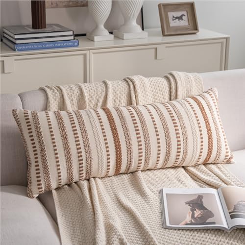 Cethom Brown Boho Lumbar Pillow Covers 14x36 Long, Stripe Textured Decorative Couch Pillow Cases for Bed, Sofa, Living Room, Bedroom, Farmhouse Home Accent Cushion Covers, Pack of 1 - color: Brown, size: 36" x 14" (Pack of 1)