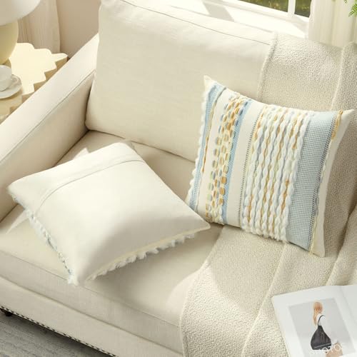 FUTEI Pack of 2 Boho Chenille Decorative Throw Pillow Covers 18x18 Inch Soft Plush Tufted Striped Textured Cushion Case,Farmhouse Accent for Couch Bed Living Room, Grey Blue Mustard - color: Grey Blue+light Green+mustard Yellow, size: 18" x 18" (Pack of 2