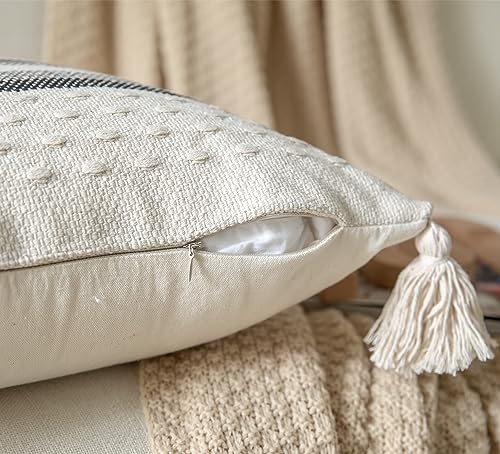 Caflife Boho Throw Pillow Covers 20x20 Decorative Pillows for Bed, Neutral Pillows Cover with Tassels for Modern Farmhouse Couch Sofa Living Room Outdoor Cushion, Pack of 1, Beige with Black Line - color: Black Beige, size: 20" x 20" (Pack of 1)