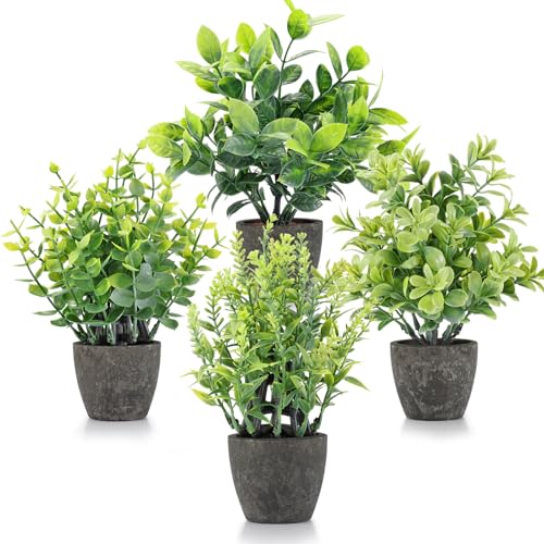 FAVOWREATH 4 Pack Fake Plants Ceramic Mini Artificial Greenery Potted Plants for Home, Office, Room, Farmhouse, Indoor Table, Bathroom Decor - color: Black
