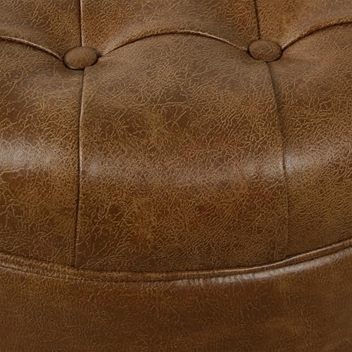 HomePop 25" Button Tufted Round Storage Ottoman - Brown Faux Leather - color: Light Brown