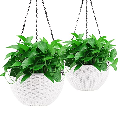 Foraineam 10.2 Inch Dual-pots Design Hanging Basket Planters Self-Watering Indoor Outdoor Hanging Flower Plant Pot with Drainer and Chain (White) (Pack of 3) - size: 10.2” (Pack of 3)