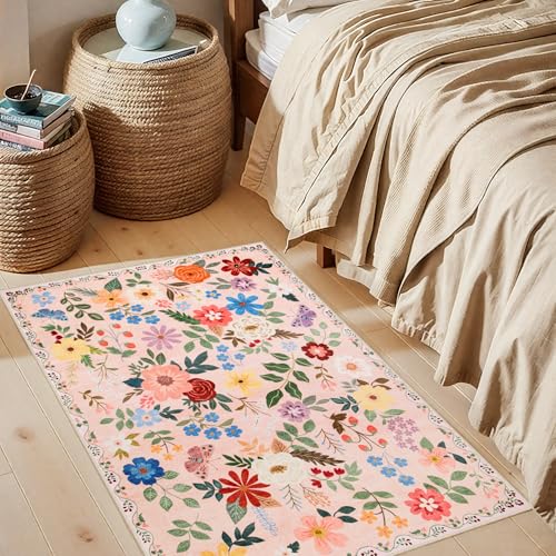 Entryway Rug 2X3 Small Rugs: Floral Washable Door Mat Vintage Soft Low Pile Non-Slip Kitchen Rugs Stain Resistant Indoor Throw Rug for Entrance, Bedroom, Kitchen, Laundry, Bathroom Beige - color: Beige, size: 2' x 3' (Rectangular)