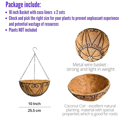 LaLaGreen Hanging Baskets for Plants (10 Inch, 2 Pack) Small Hanging Flower Pots with Coco Liner, Black Metal Wire Round Plant Holder with Hanger Hook Chain Outdoor Deck Patio Balcony Garden Decor - size: 10" x 2 Pack