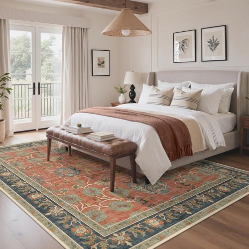 Bavni Floral Area Rugs 6x9, Vintage Accent Living Room Rug, Distressed Washable Rug Non Slip Stain Resistant, Low Pile Thin Soft Coral Blue Large Carpet for Bedroom, Dining Room, Home Office, Nursery - color: Coral Blue, size: 6' x 9' (Rectangular)