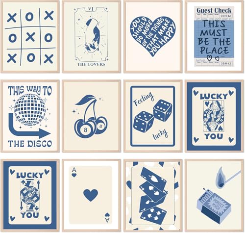 KBKBART 12pcs Blue Lucky Poster - Playing Card Wall Art, Poker Room Decor, Blue Trendy Wall Art, Funky Posters Aesthetic Pictures, Retro Ace Prints Queen of Hearts Decor for Bedroom (UNFRAMED) - color: Blue Lucky
