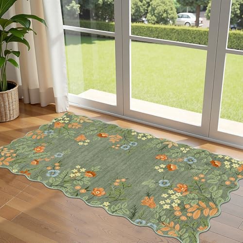 Front Door Mat Indoor Entrance - 2x4.3 Ft Sage Green Floral Washable Layered Doormat Outdoor Entrance Porch Rug Non-Slip Boho Runner Rug for Kitchen Hallway Bedroom Laundry Room Porch Decor - color: Floral - Green, size: 2' x 4'3" (Rectangular)
