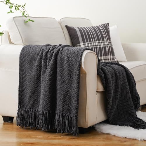 BATTILO HOME Dark Grey Throw Blanket for Couch, Knit Charcoal Throw Blanket Versatile for Chair, 60 x 80 Inch - Super Soft Warm Grey Blanket with Tassels for Bed, Sofa and Living Room - color: Grey, size: 60"x80"