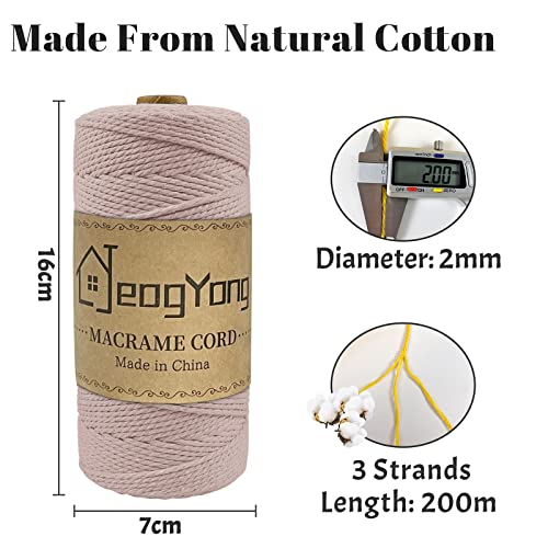 JeogYong Macrame Cord 2mm x 218 Yards, 3-Strand Twisted Natural Cotton Rope, Cotton String Coloured Craft Cord for Plant Hanger Wall Hanging Knitting Crafts, Hemp Grey Color - color: Hemp Grey