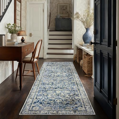 Blue 2x6 Runner Rug for Hallway Low Pile Kitchen Rugs Non Slip Washable Vintage Floral Distressed Design Carpet for Entryway Bedroom Boho Retro Dark Blue Rug for Bathroom Indoor 2 x 6 - color: Blue, size: 2' x 6' (Rectangular)