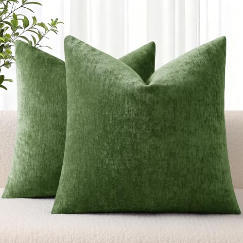 decorUhome Chenille Moss Green Throw Pillow Covers 26x26 Inch Set of 2, Decorative Soft Couch Pillow Covers Solid Dyed Accent Farmhouse Neutral Square Pillow Cases for Sofa - color: Moss Green, size: 26" x 26" (Pack of 2)