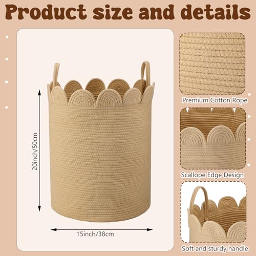 LemonRoad Brown Round Tall Basket Large Blanket Basket 15" L X 15" W X 19.7" H Scalloped Woven Baskets Cotton Storage Baskets for Nursery Classroom Closet Blankets Storage Home Decor - color: Brown, size: 15" L X 15" W X19.7" H