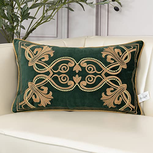Aeckself European Luxury Velvet Lumbar Throw Pillow Cover 12 x 20 Inch, Embroidery Floral Pillow Cover Home Decor Oblong Pillowcase for Couch Bedroom Living Room, Dark Emerald Green and Gold - color: Green, size: 20" x 12" (Pack of 1)