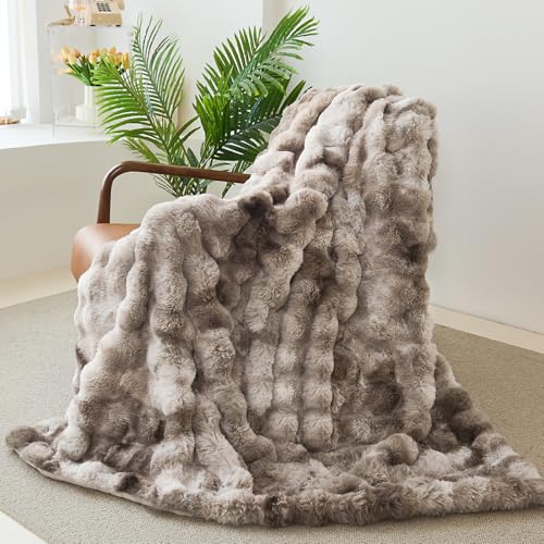 Faux Rabbit Fur Throw Blanket for Couch, Fluffy Warm Plush Thick Bubble Blanket for Bed Sofa Living Room, Soft Cozy Furry Blanket, 50x60 inches, Tie-dye Brown - color: Tie-dye Brown, size: Throw50"x60"