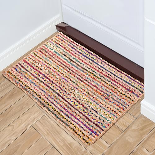 Hausattire Bohemian Braided Rug 2'x3' - Multi Color, Small Farmhouse Jute Cotton Area Rag Rugs for Entryway, Kids Playroom, Front Door | Colorful Hand Woven Reversible Accent Mat - 24x36 Inch - color: Multi Color, size: 2' x 3' (Rectangular)