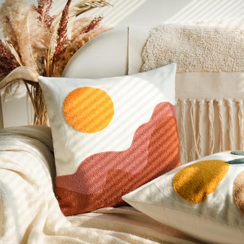 Tufted Boho Textured Accent Throw Pillow Covers 18x18,Soft Mid Century Decorative Art Minimalist Geometric Sun Throw Pillowcases for Couch Sofa Bedroom Living Room,1PC - color: Brown，yellow