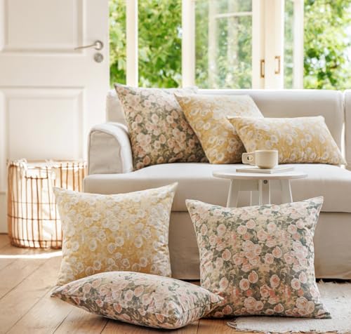 Spring Floral Woven Pattern Throw Pillow Cover Decorative Vintage Farmhouse Home Decor Textured Cushion Case for Couch Sofa Bed Living Room Bedroom (Yellow, 12x20 (Pack of 1)) - color: Light Yellow, size: 20" x 12" (Pack of 1)