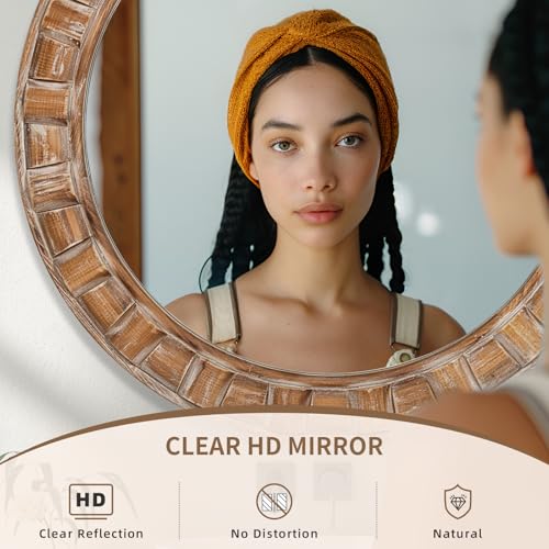 30 Inch Brown Solid Wood Round Wall Mirrors, Decorative Circle Mirror for Bathroom, Bedroom, Living Room, Hallway, Foyer, Entryway - color: B - Circle -30x30 in