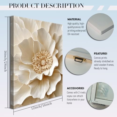 3 Pcs Neutral Beige Botanical Wall art Modern Minimalist Florals Wall Decor White Neutral Botanical Posters Prints Beige Bloom Florals Textured Paintings Vintage Blossom Pictures(16x24in Canvas) - color: Canvas-Beige, size: 16L" x 24W"