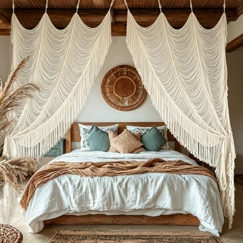 2 Panels Macrame Curtains 59" W x 75" H Boho Doorway Curtains Window Curtains Wall Hanging Handmade Fiber Yarn Art Woven Headboard Decor for Bedroom Living Room - color: Ivory *2